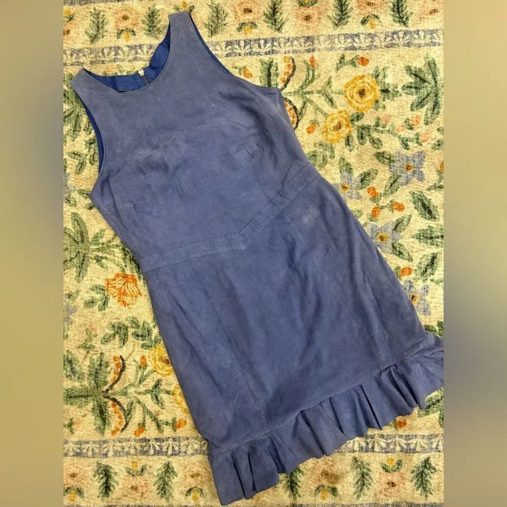 Reiss | Suede Leather Blue Ruffle Hem Sheath Dress Size 8